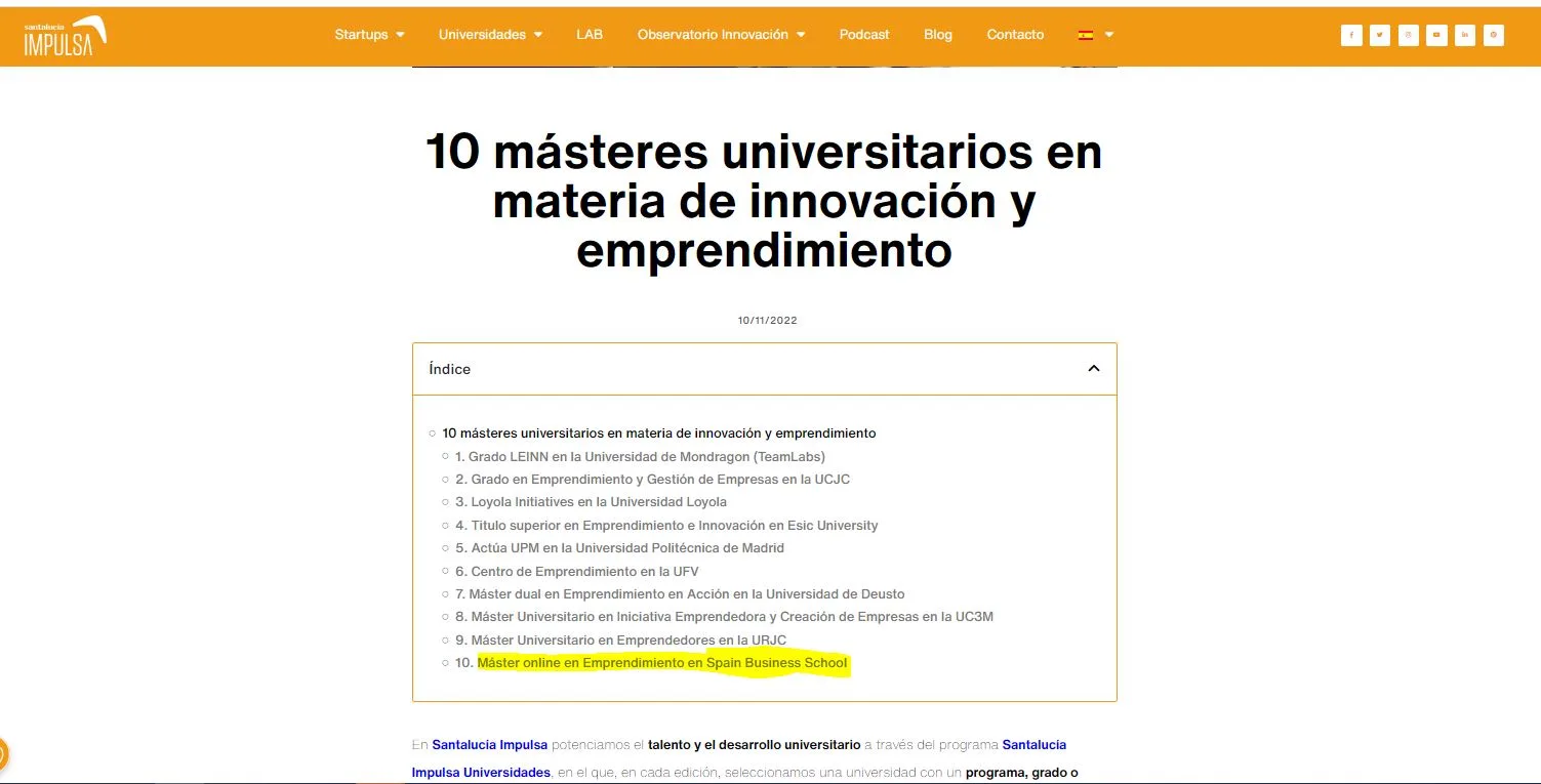 El Máster universitario en Emprendimiento de SpainBS en el Top 10 másteres en materia de innovación y emprendimiento